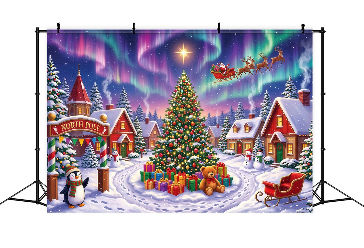 Santa Fotohintergrund Verschneites Polarlicht Nordpol Dorf RR610-22