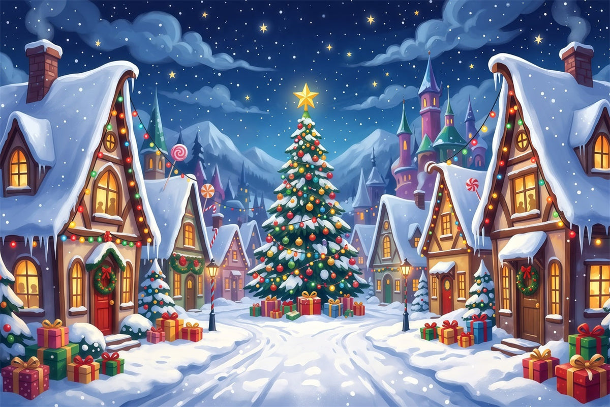 Weihnachtsdorf Fotohintergrund Verschneiter Süßigkeitenplatz RR610-26