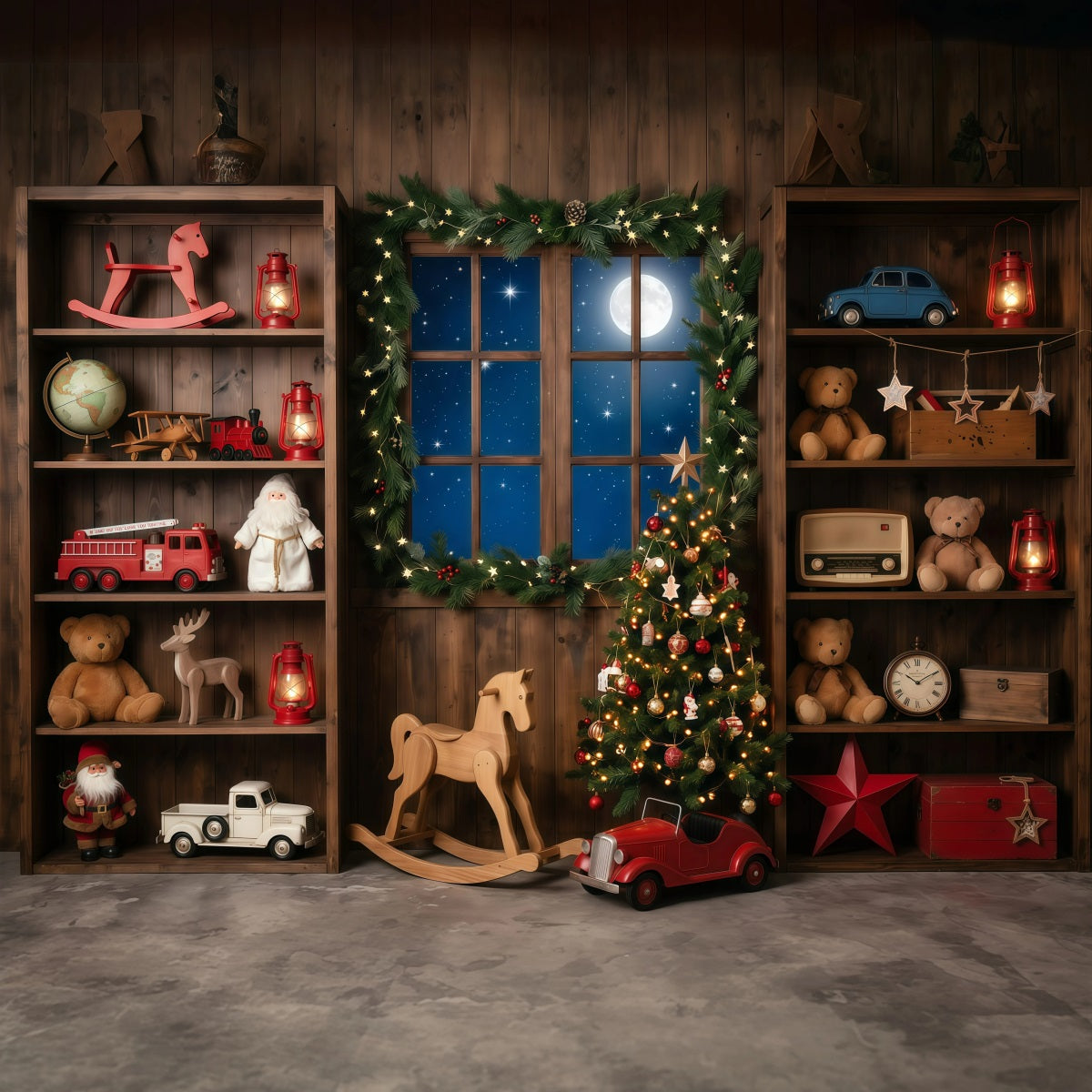 Weihnachtlicher Werkstatt Fotohintergrund Vintage Spielzeugwerkstatt Fenster Weihnachtslied RR610-29