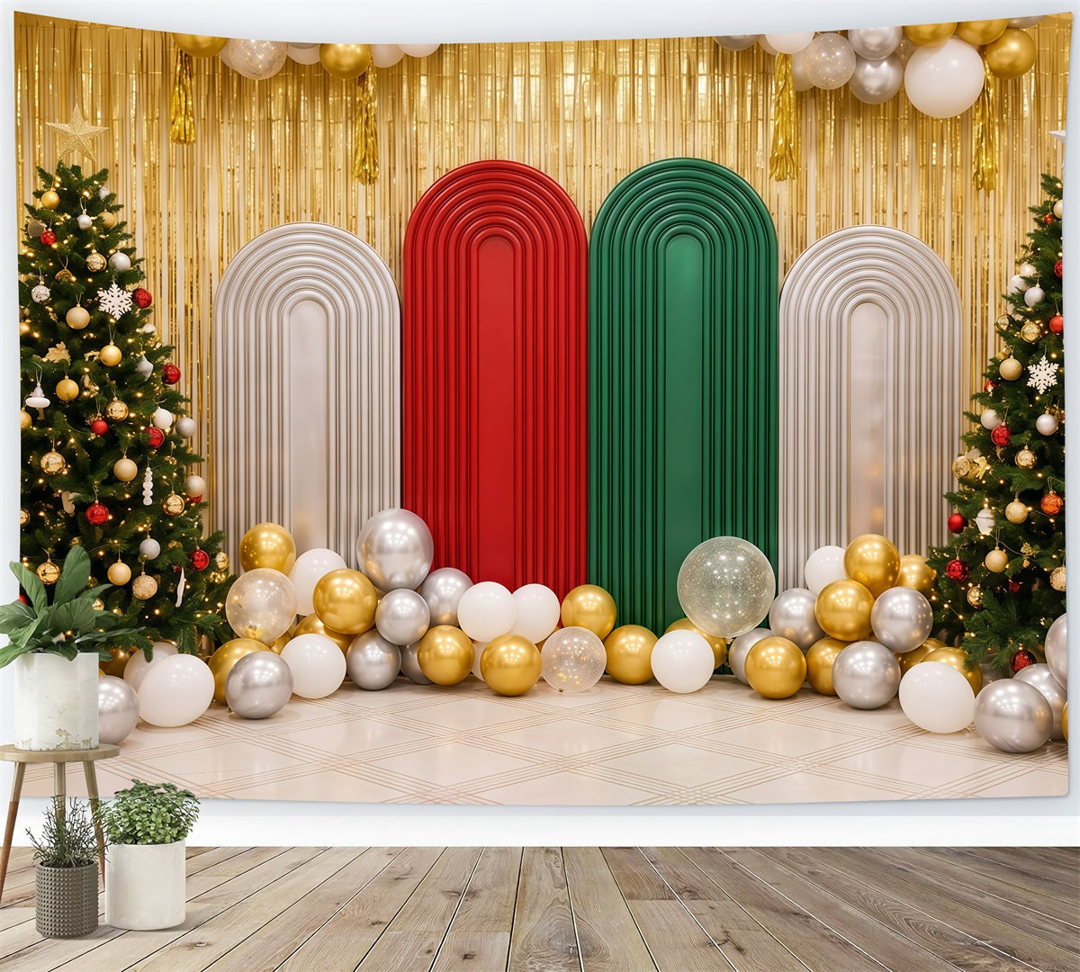 Weihnachtlicher Urlaubshintergrund Goldener Ballonbogen Dekoration RR610-41
