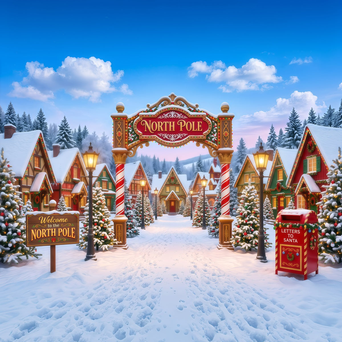 Großer Weihnachtsfotohintergrund Verspieltes Verschneites Nordpol-Dorf RR610-42