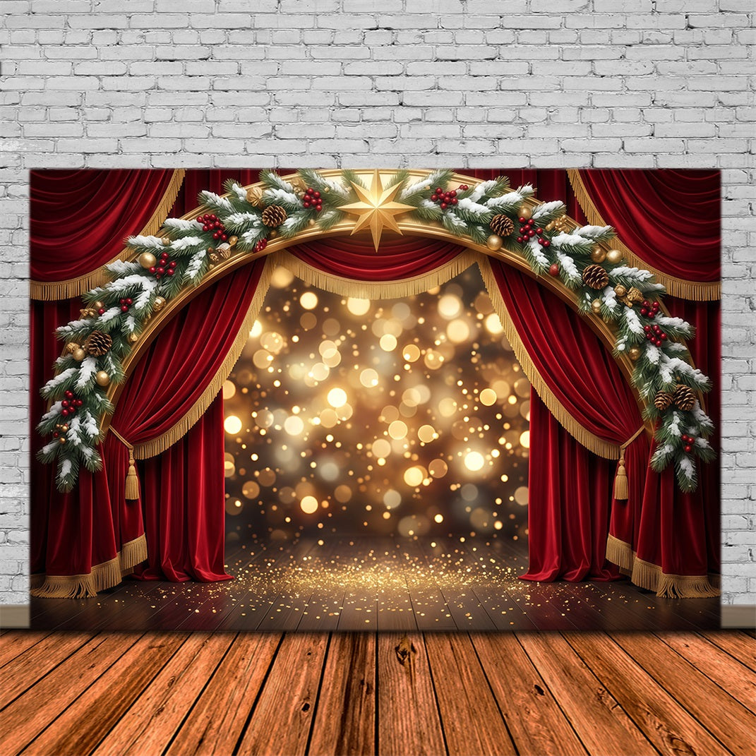 Weihnachtlicher Bühnenhintergrund Roter Samt Goldener Torbogen RR610-46