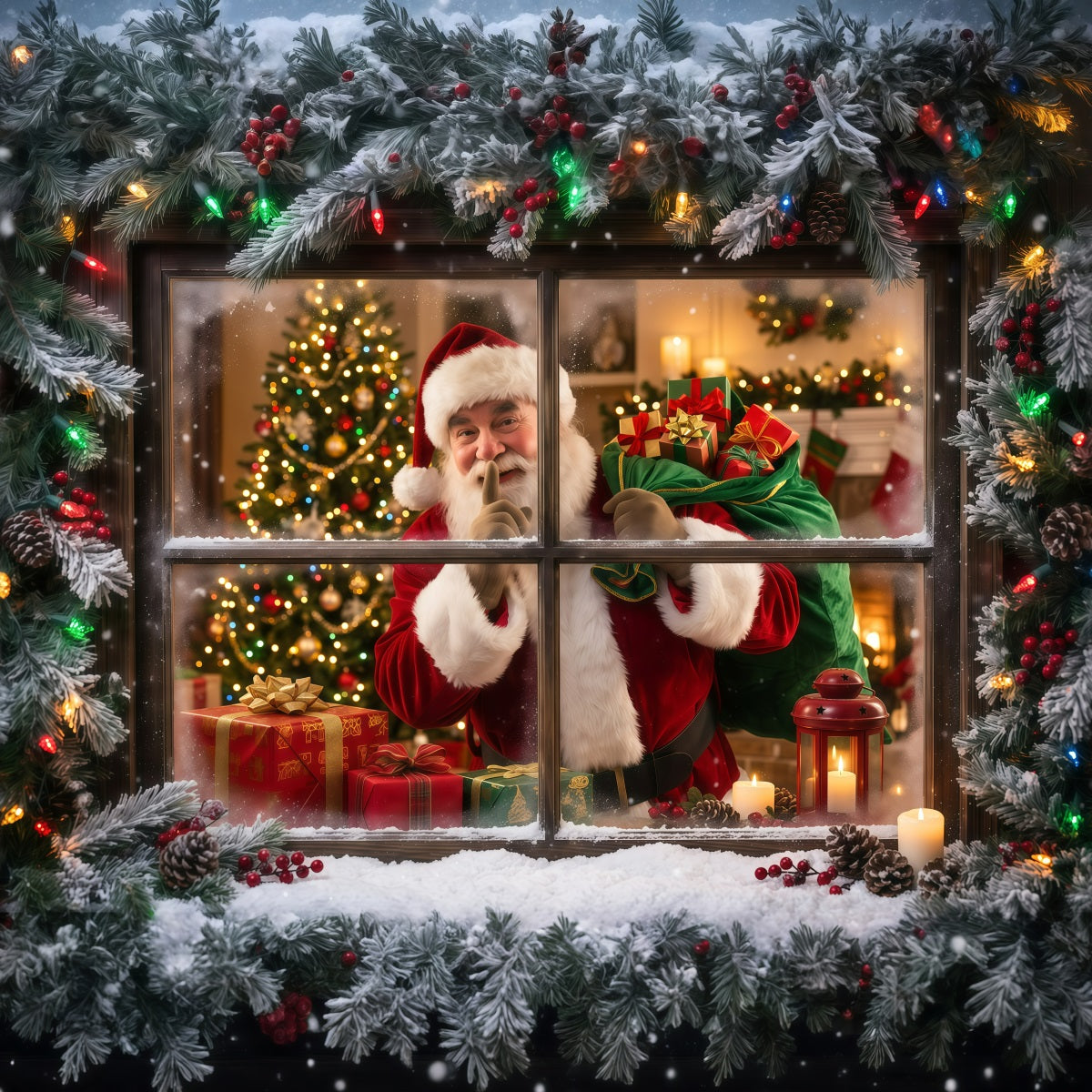 Santa-Fotohintergrund Verschneites Fenster Geschenküberraschung RR610-48
