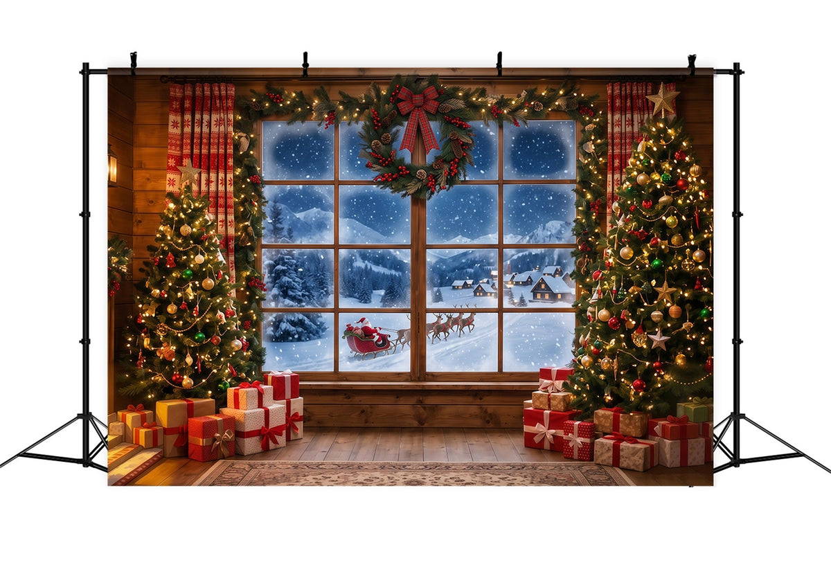 Santa-Hintergrund Verschneites Fenster Wald Schlitten RR610-53