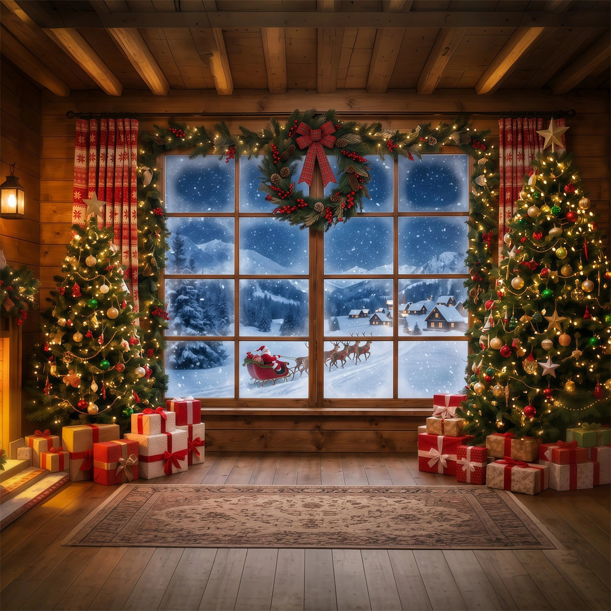 Santa-Hintergrund Verschneites Fenster Wald Schlitten RR610-53