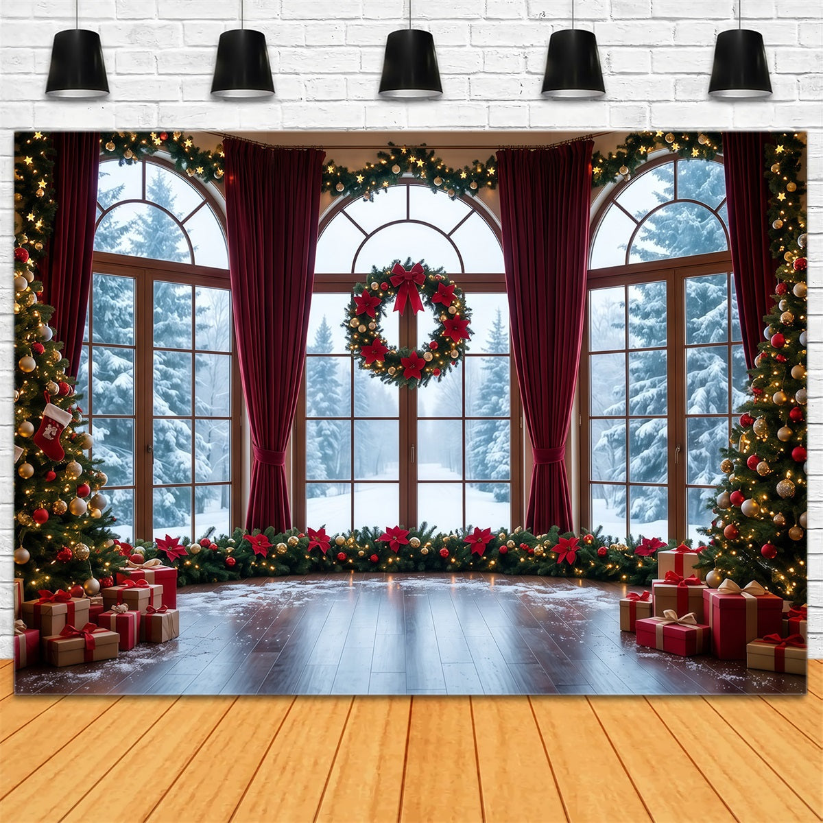 Weihnachtlicher Hintergrund Verschneites Fenster Kranzdekoration RR610-55