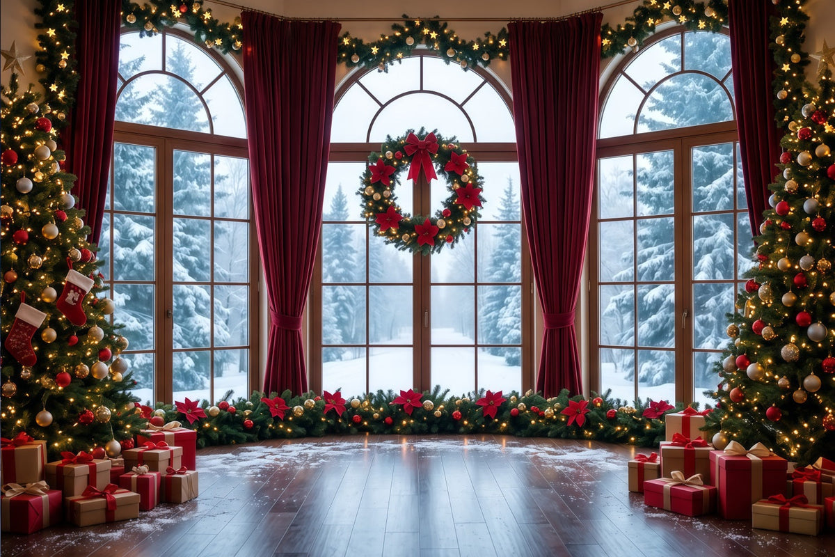 Weihnachtlicher Hintergrund Verschneites Fenster Kranzdekoration RR610-55