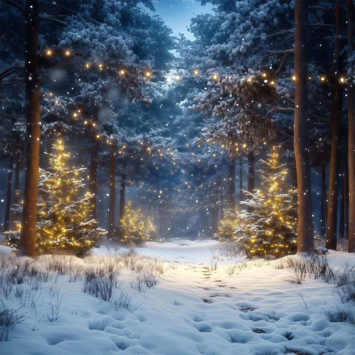 Weihnachtsbaumfarm-Hintergrund Verschneiter Wald Goldene Lichter RR610-66