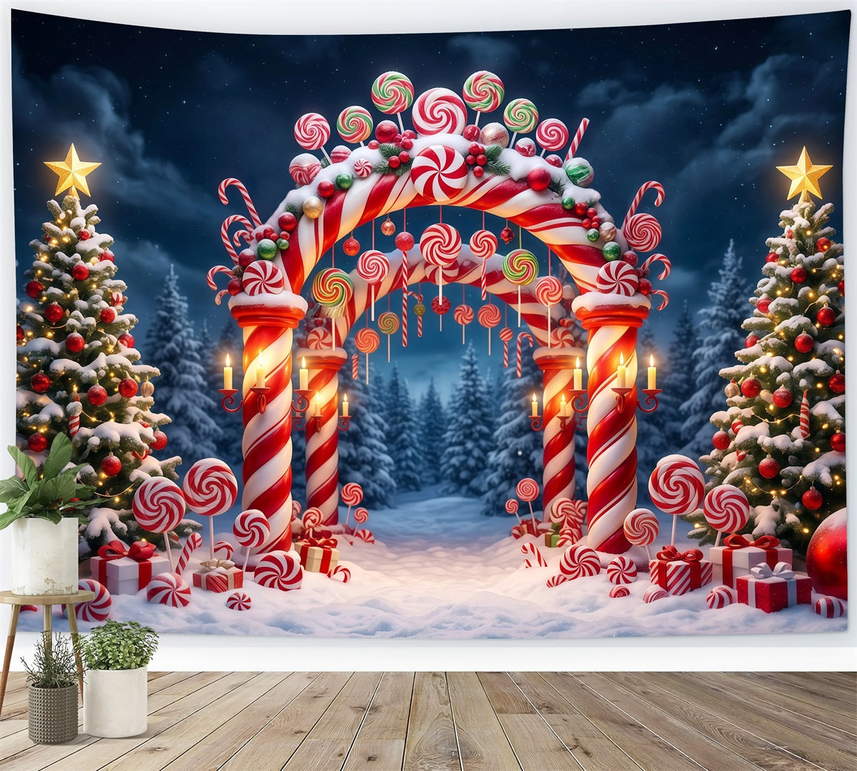 Weihnachtlicher Zuckerstangen-Hintergrund Verschneiter Wald Süßigkeitenbogen RR610-68