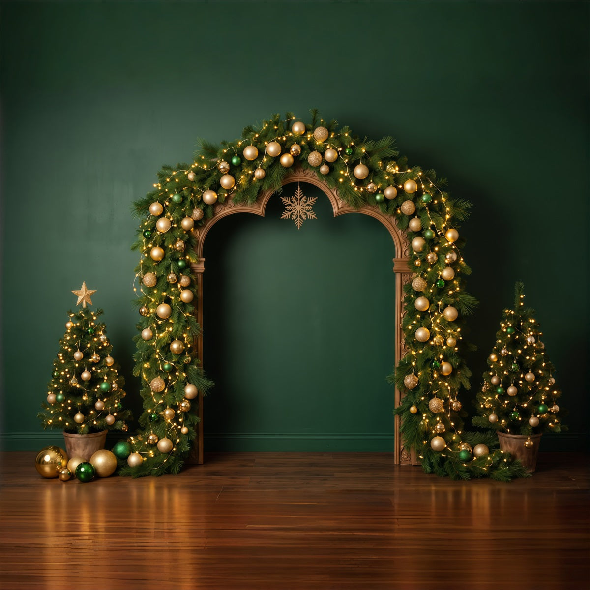 Weihnachtlicher Hintergrund Goldener Immergrüner Ornamentbogen RR610-7