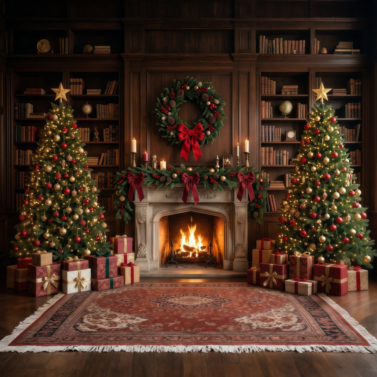 Weihnachtlicher Fotohintergrund Elegante Bibliothek Kamin-Dekoration RR610-71