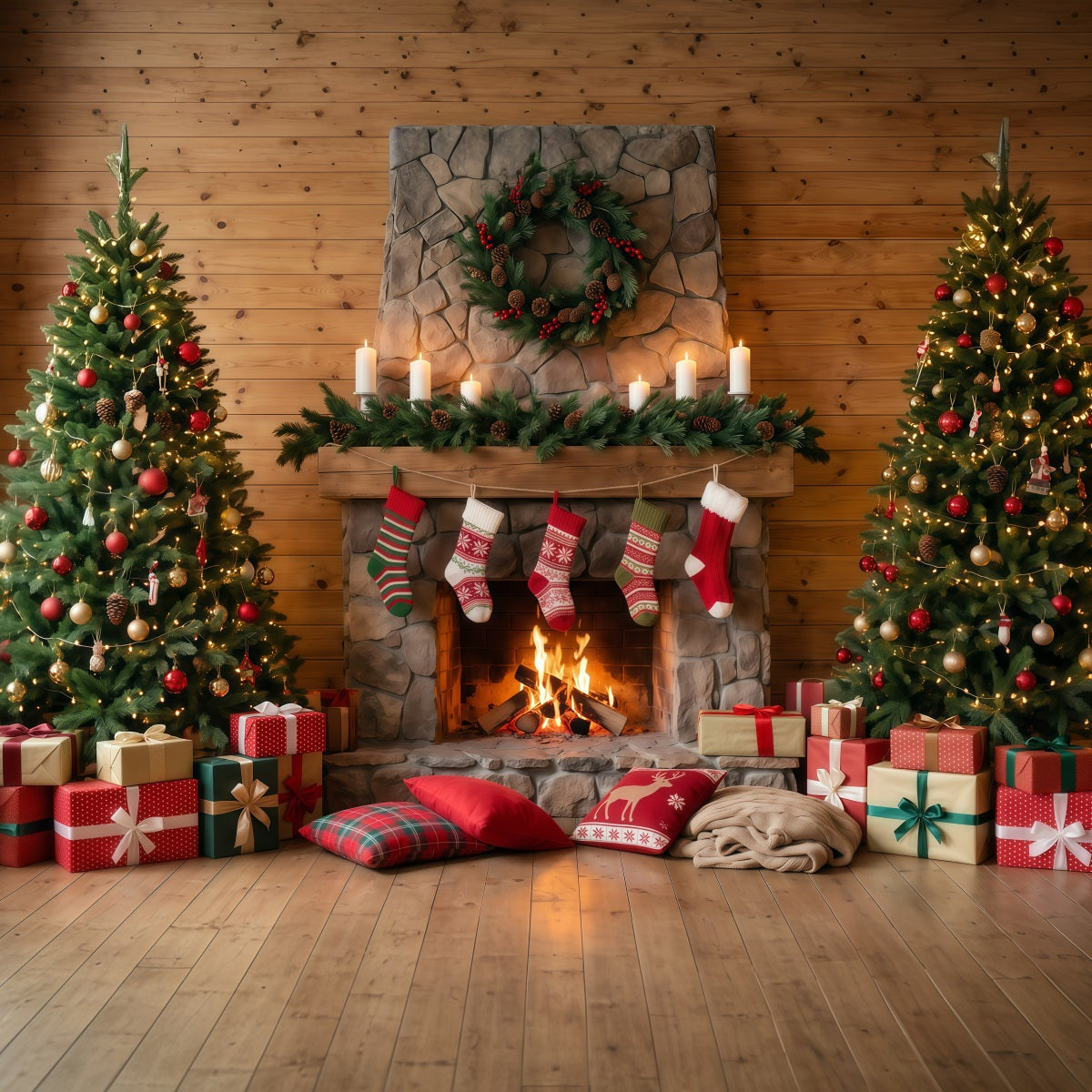 Weihnachtskamin-Hintergrund Rustikaler Steinkamin Weihnachtssocken RR610-74