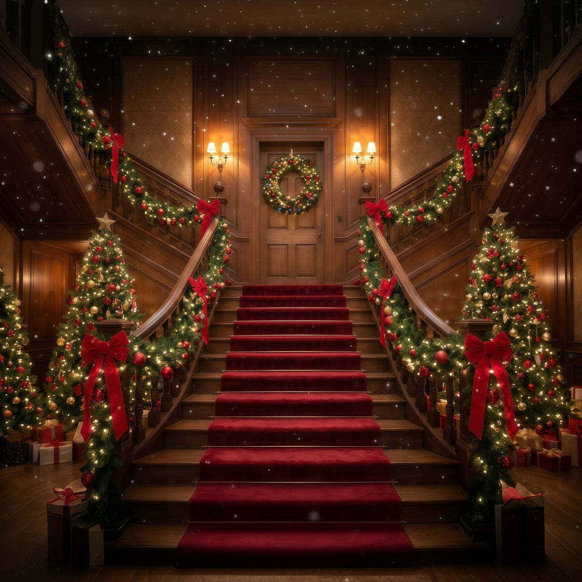 Weihnachtlicher Szenenhintergrund Burgunderrote Treppe Girlandendekoration RR610-75