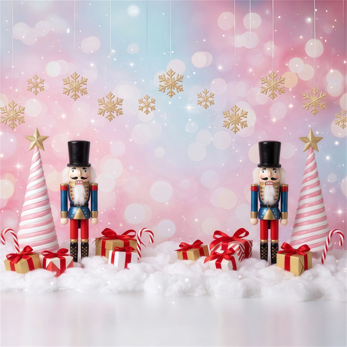Weihnachtlicher Hintergrund Schneeflocken Rosa Baum Bokeh Nussknacker RR610-76