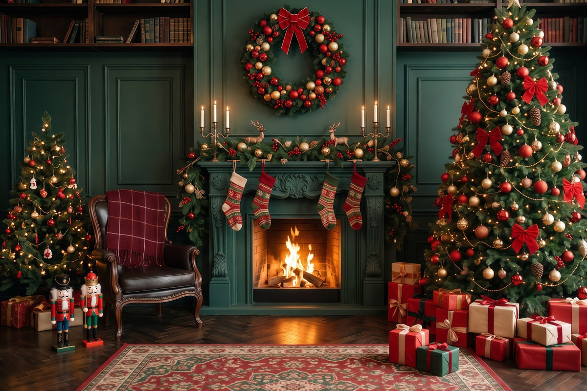 Weihnachtskamin-Hintergrund Smaragdgrüne Weihnachtssocken-Dekoration RR610-80