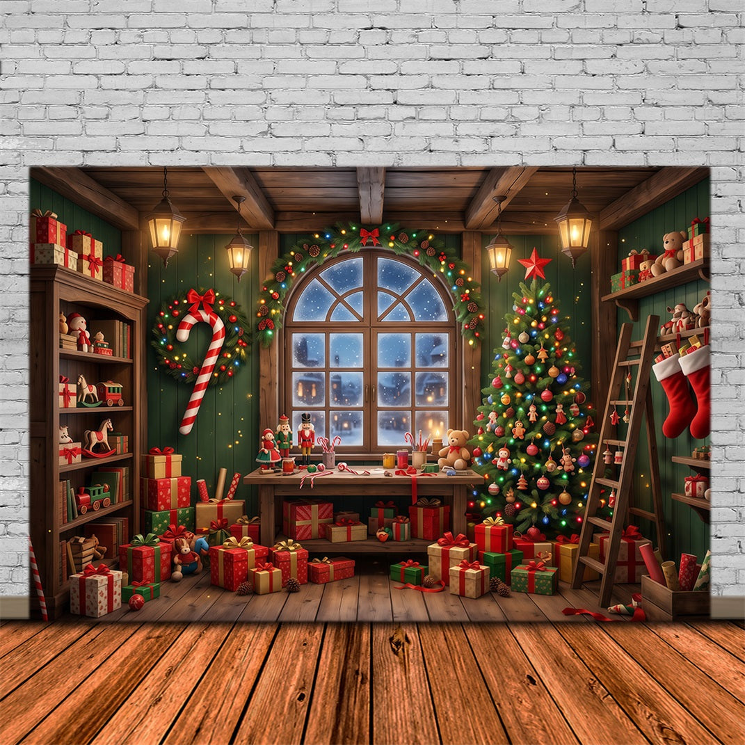Santa-Hintergrund Festliches Spielzeugwerkstatt-Fenster RR610-82