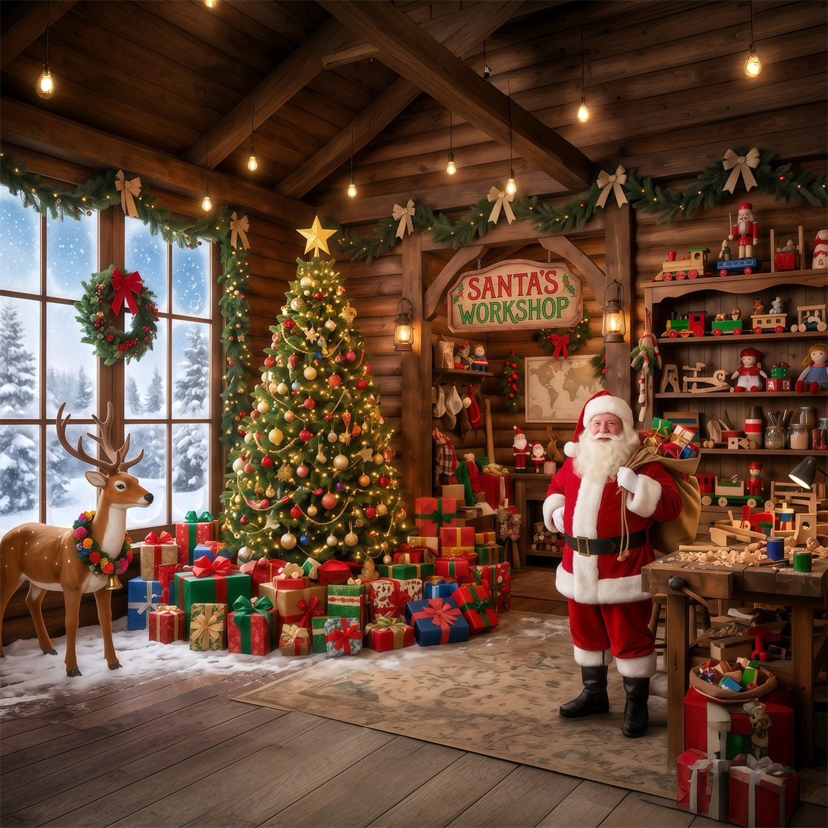 Weihnachtlicher Werkstatthintergrund Rustikaler Spielzimmer-Innenraum RR610-89