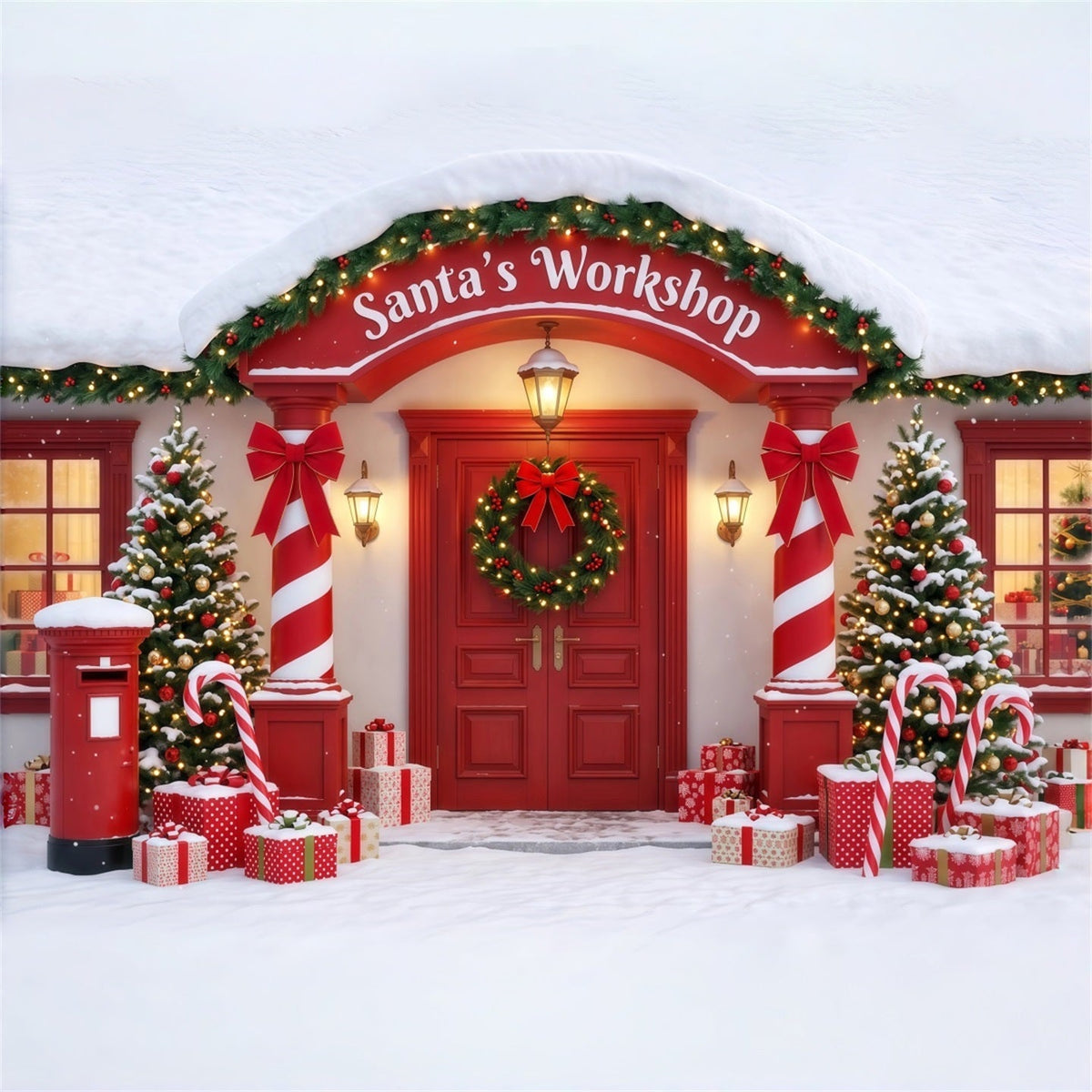 Weihnachtlicher Werkstatthintergrund Zuckerstangen-Zimmereingang Rot RR610-90