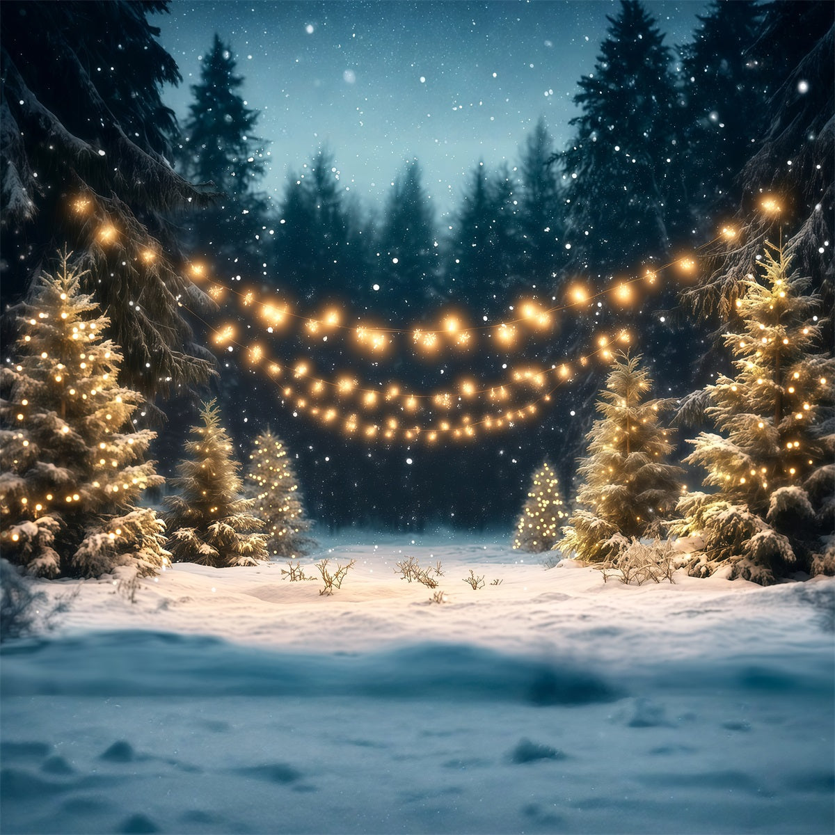 Weihnachtsbaumfarm-Hintergrund Verschneiter Wald Goldene Lichter RR610-96