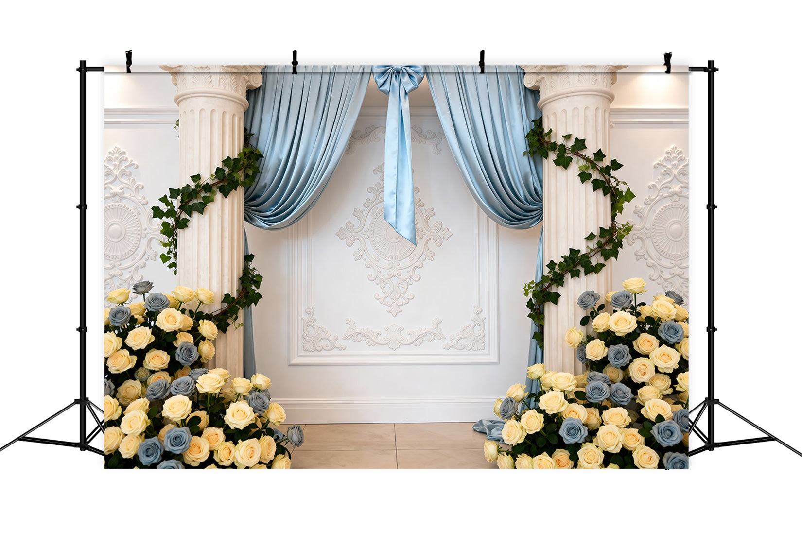 Frühlingshochzeit-Hintergrund Blau drapierte Rosensäule Eleganter Blumenhintergrund RR62-10