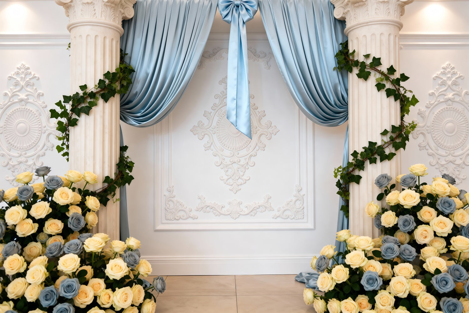Frühlingshochzeit-Hintergrund Blau drapierte Rosensäule Eleganter Blumenhintergrund RR62-10
