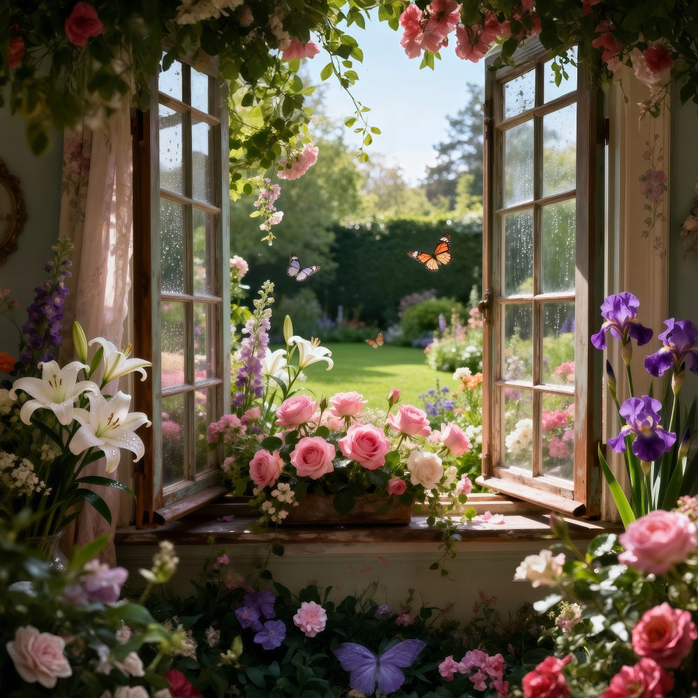Schmetterlings-Fotohintergrund Lilien-Rosengarten Fensterblüte Frühlingshintergrund RR62-17