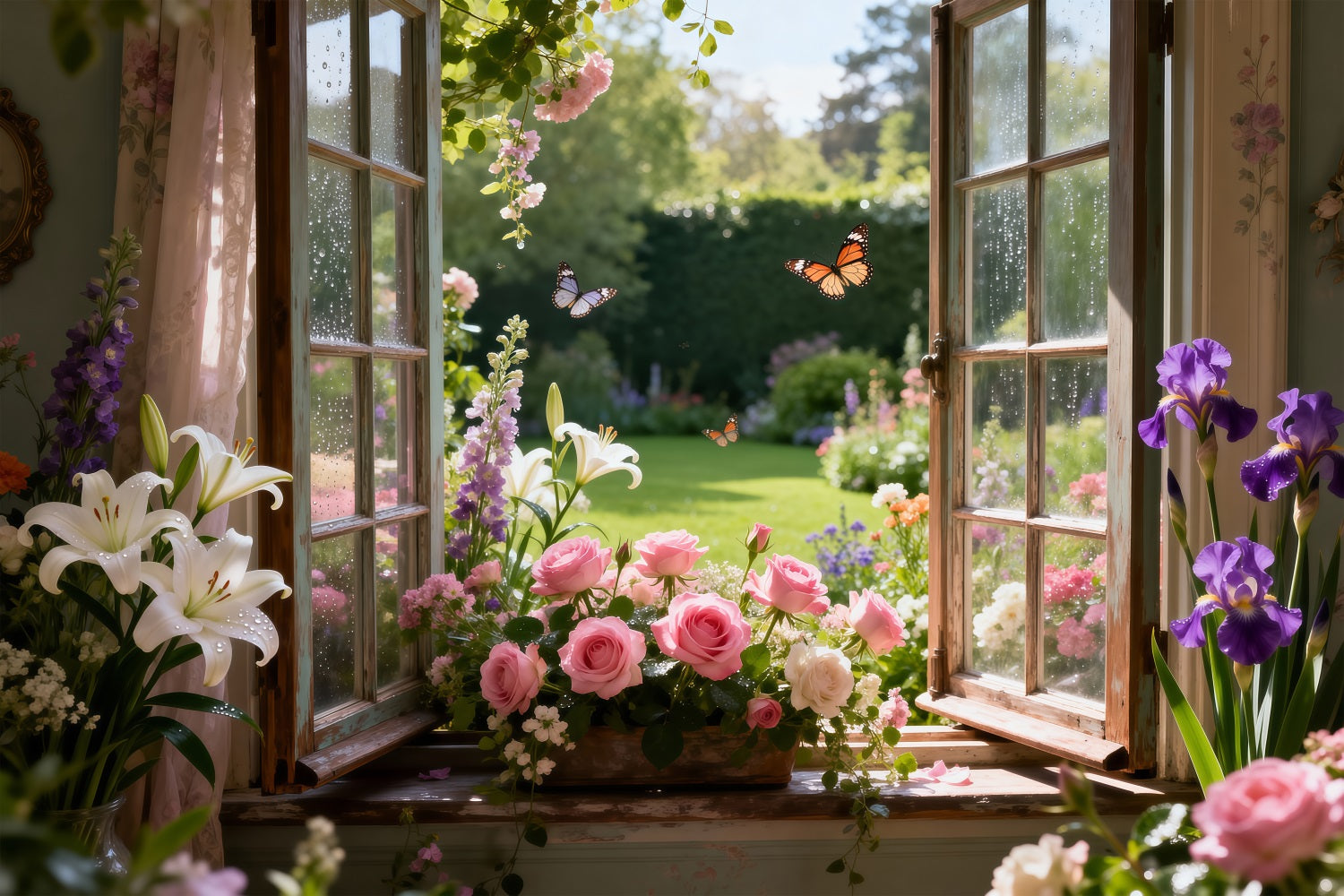 Schmetterlings-Fotohintergrund Lilien-Rosengarten Fensterblüte Frühlingshintergrund RR62-17