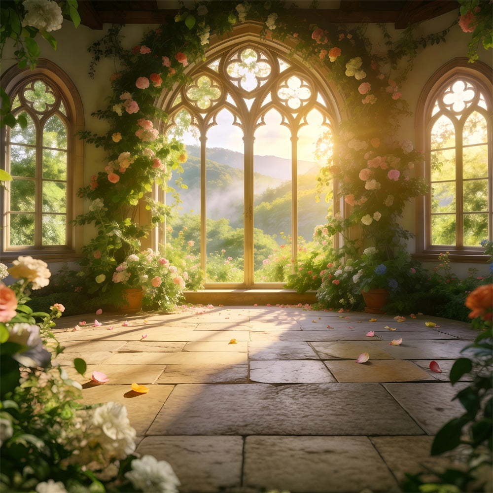 Frühlingsgarten-Hintergrund Goldenes Tal Bogenfenster Blumenbild-Hintergrund RR62-19