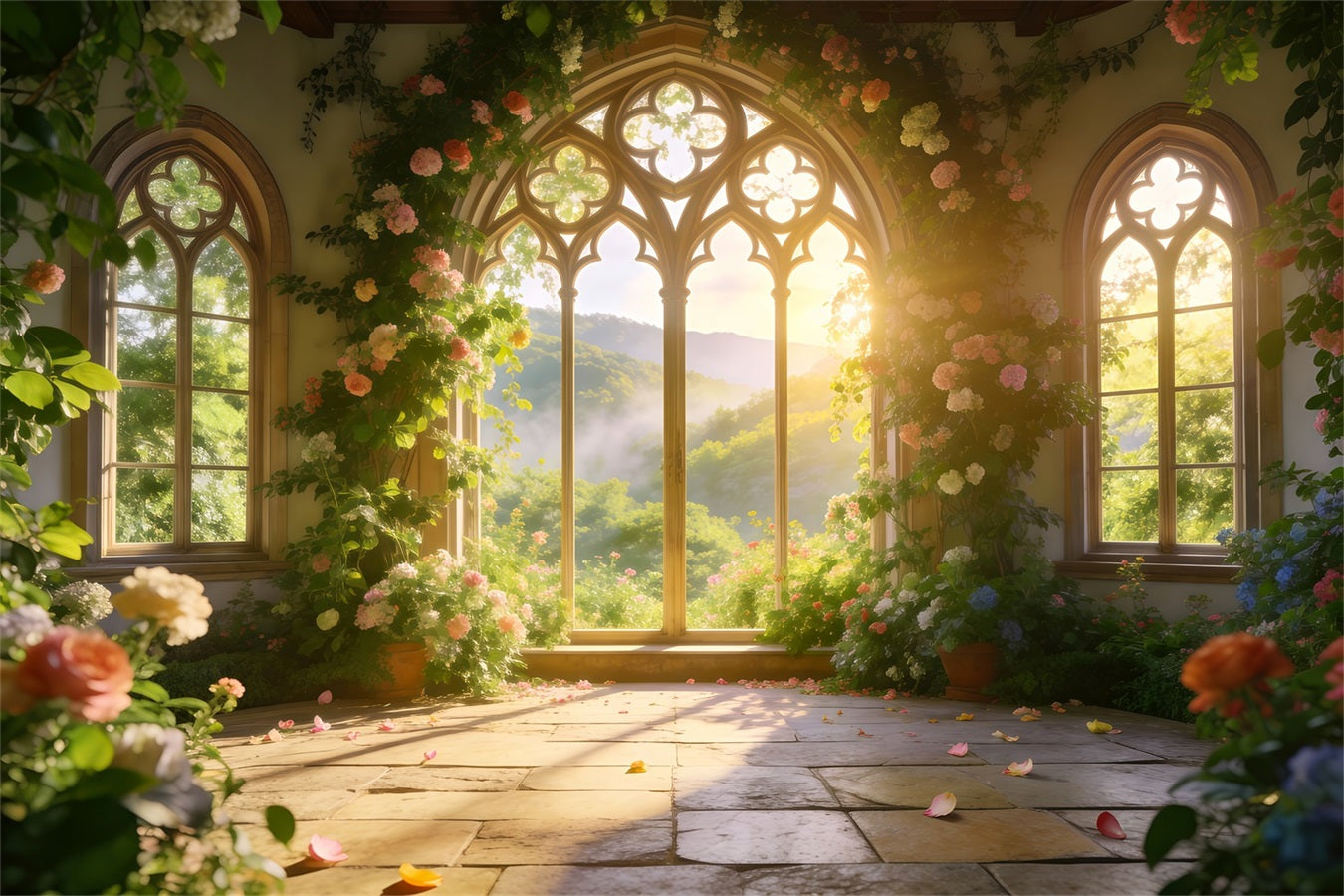 Frühlingsgarten-Hintergrund Goldenes Tal Bogenfenster Blumenbild-Hintergrund RR62-19