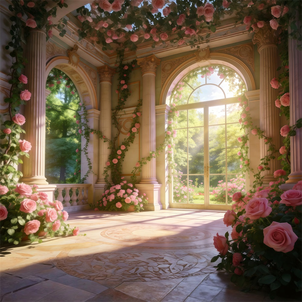 Rosengarten-Hintergrund Eleganter Palast Blumen Sonnenlicht Frühlingsfoto-Hintergrund RR62-20