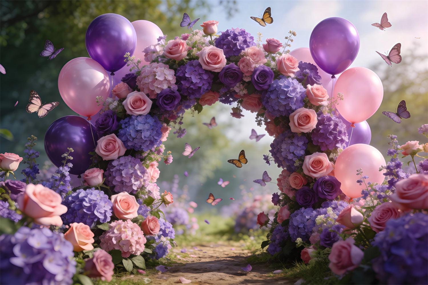 Frühlingsballon-Hintergrund Zartrosa Lila Blumenbogen Blumengirlanden-Hintergrund RR62-24