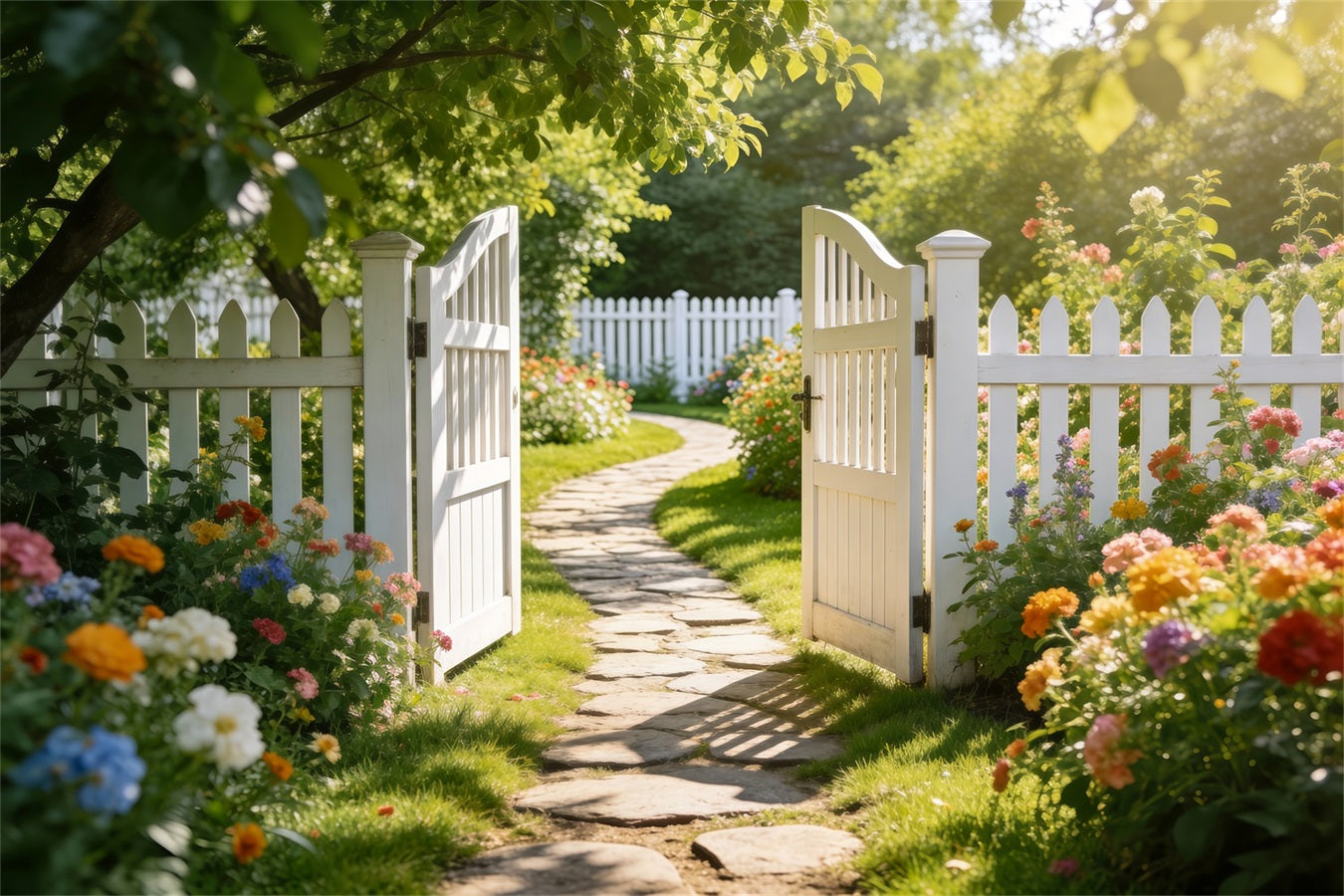 Verzauberter Garten Foto-Hintergrund Weißer Zaun Wiesenweg Frühlingshintergründe RR62-27