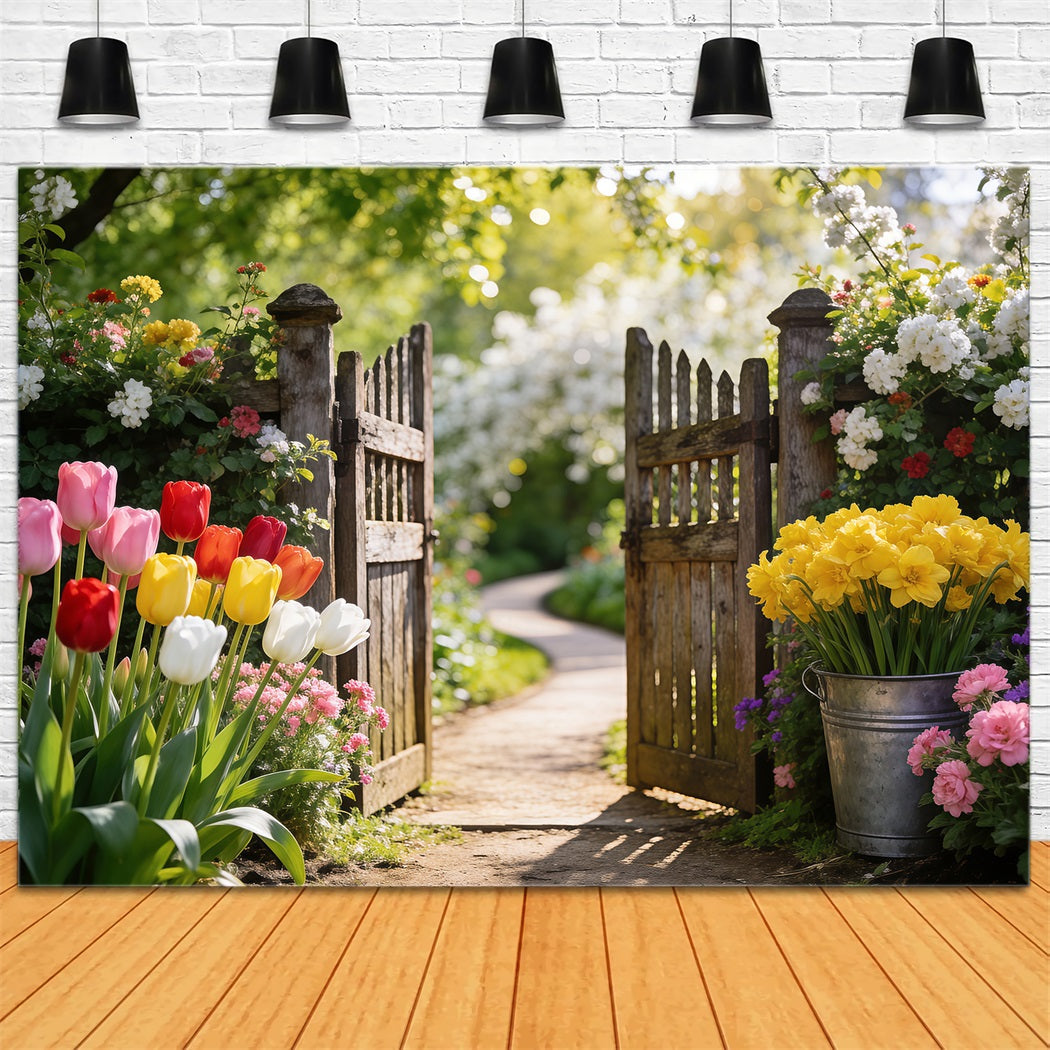 Narzissen-Hintergrund Tulpen-Garten Holztor Frühlings-Fotoshooting-Hintergrund RR62-29