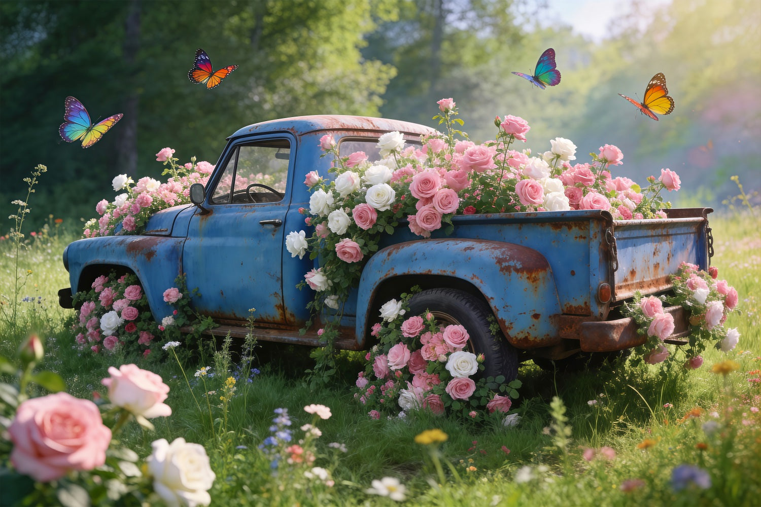 Wildblumen-Foto-Hintergrund Vintage-Blauer-Lkw Rosenwiese Frühlings-Themen-Hintergrund RR62-31
