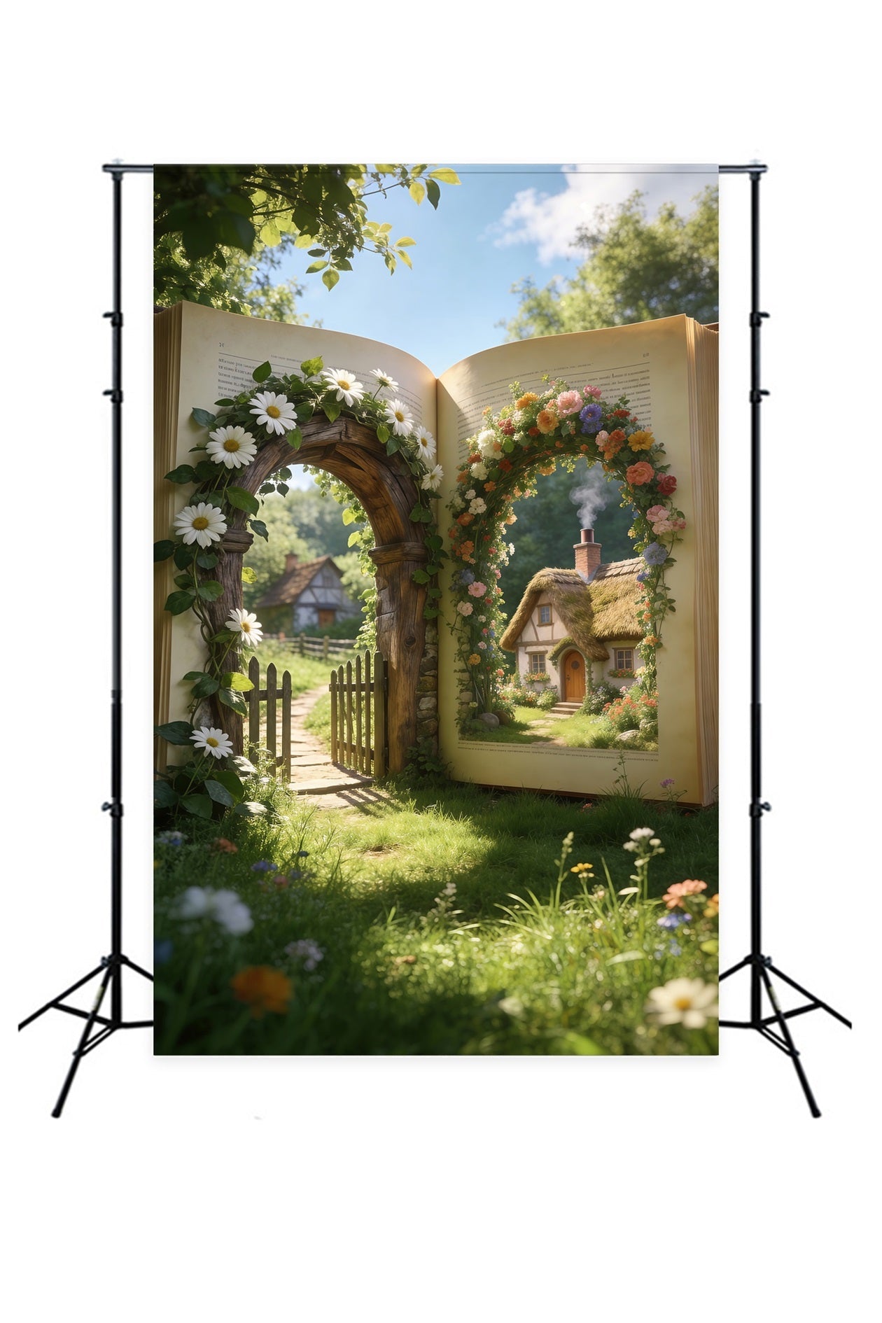 Frühlingsscheune Hintergrund Storybook Garten Cottage Tor Blumenhintergrund Fotografie RR62-33