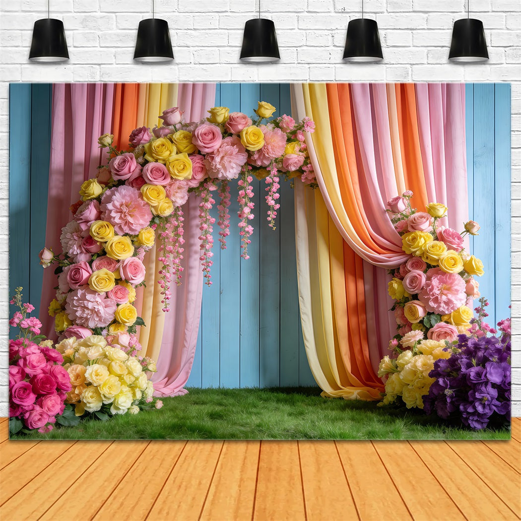 Frühlingshochzeit-Hintergrund Pastellfarbener Blumenbogen Blumengarten-Hintergrund RR62-37