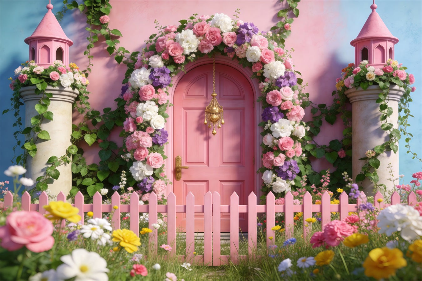 Frühlingsgarten-Hintergrund Märchenhafte rosa Tür Zaun Blumenbogen-Hintergrund RR62-38