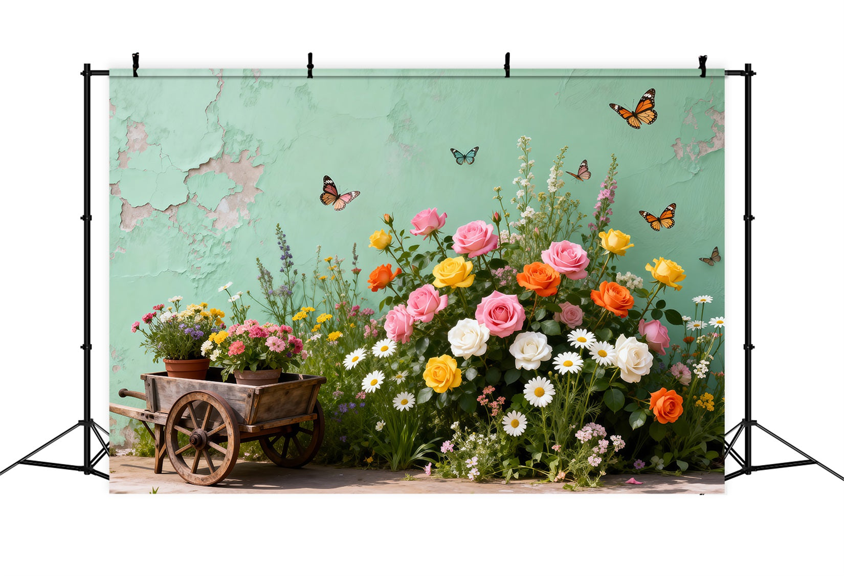 Schmetterlingshintergrund Vintage-Gartenwagen Blumen-Frühlingshintergrund für Fotos RR62-46