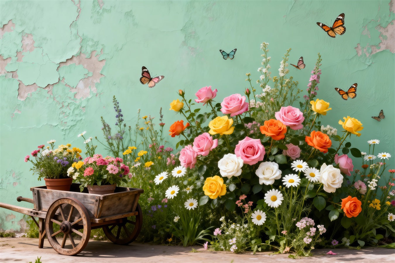 Schmetterlingshintergrund Vintage-Gartenwagen Blumen-Frühlingshintergrund für Fotos RR62-46