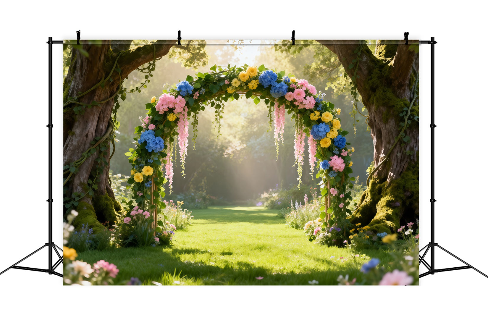 Frühlingswaldweg-Hintergrund Sonnendurchfluteter Wald Blumenbogen Frühlingshintergrund RR62-48