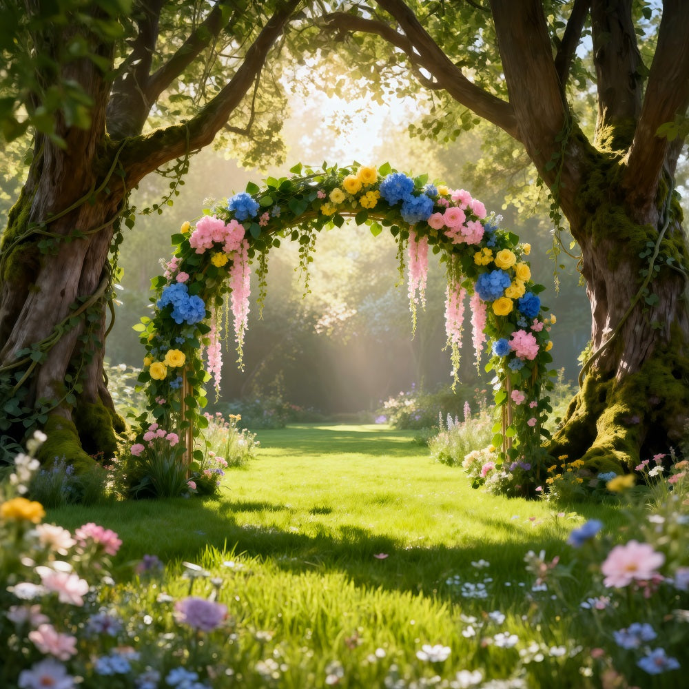 Frühlingswaldweg-Hintergrund Sonnendurchfluteter Wald Blumenbogen Frühlingshintergrund RR62-48