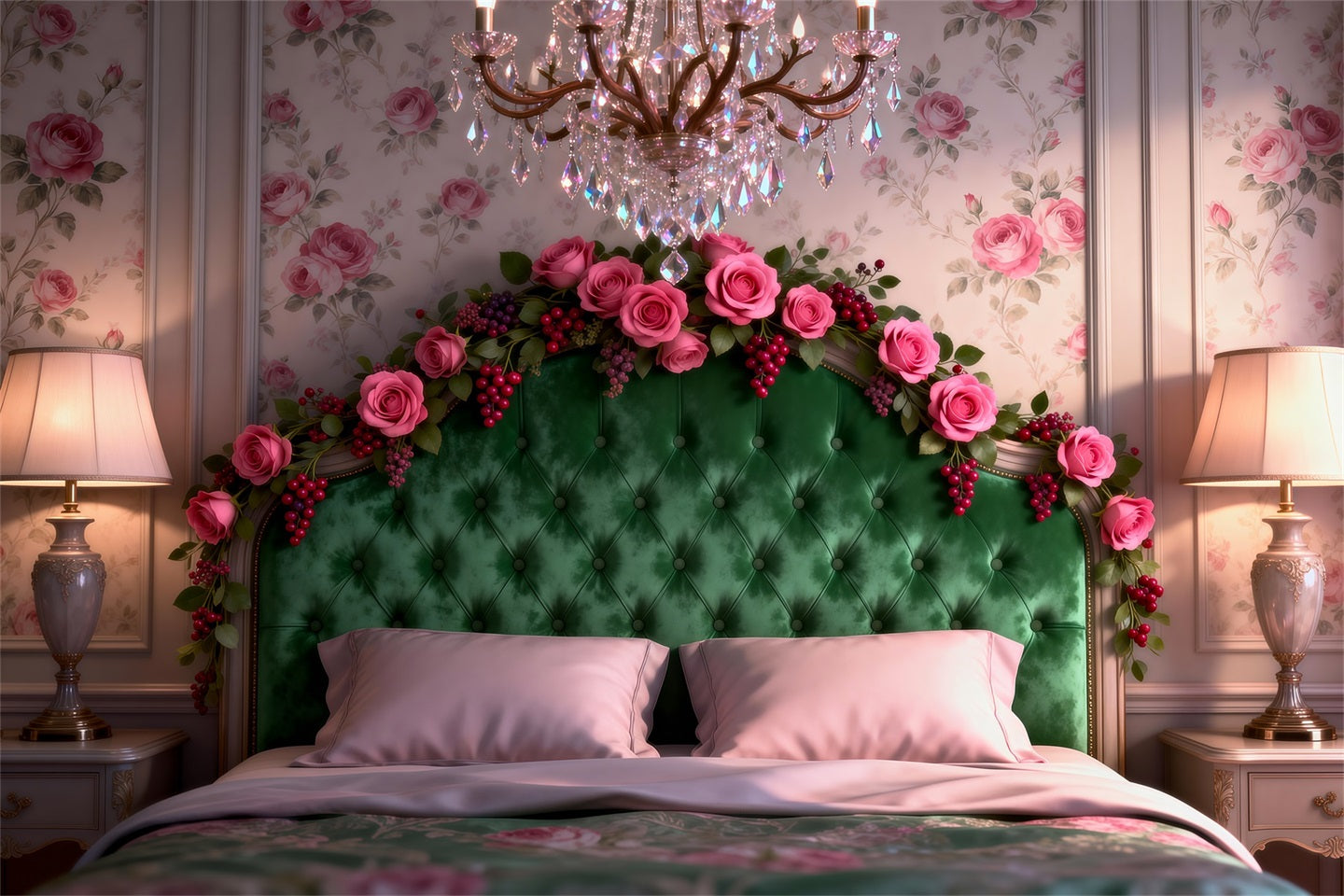 Boudoir-Hintergrund Emerald Rose Chandelier Elegance Kopfteil-Fotografie-Hintergrund RR62-52