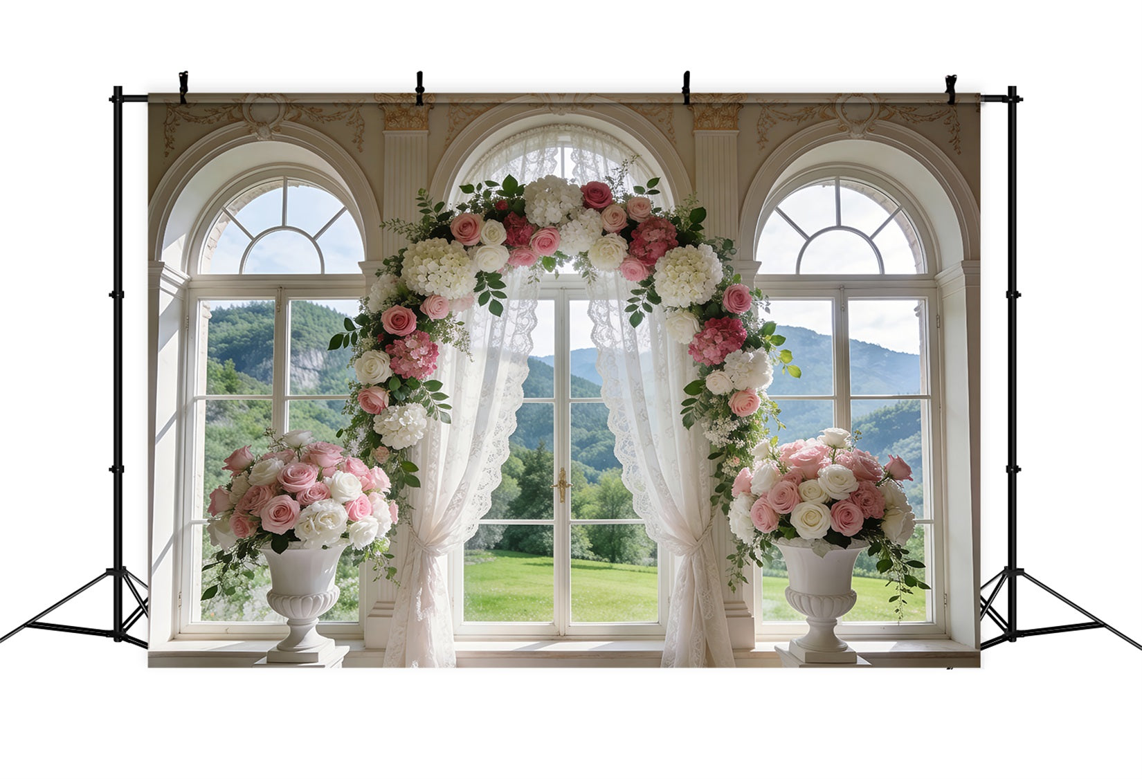 Frühlingshochzeits-Hintergrund Klassisches Fenster Rosenbogen Vorhänge Blumen-Foto-Hintergrund RR62-6