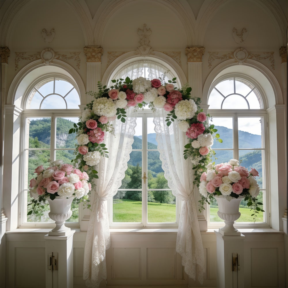 Frühlingshochzeits-Hintergrund Klassisches Fenster Rosenbogen Vorhänge Blumen-Foto-Hintergrund RR62-6