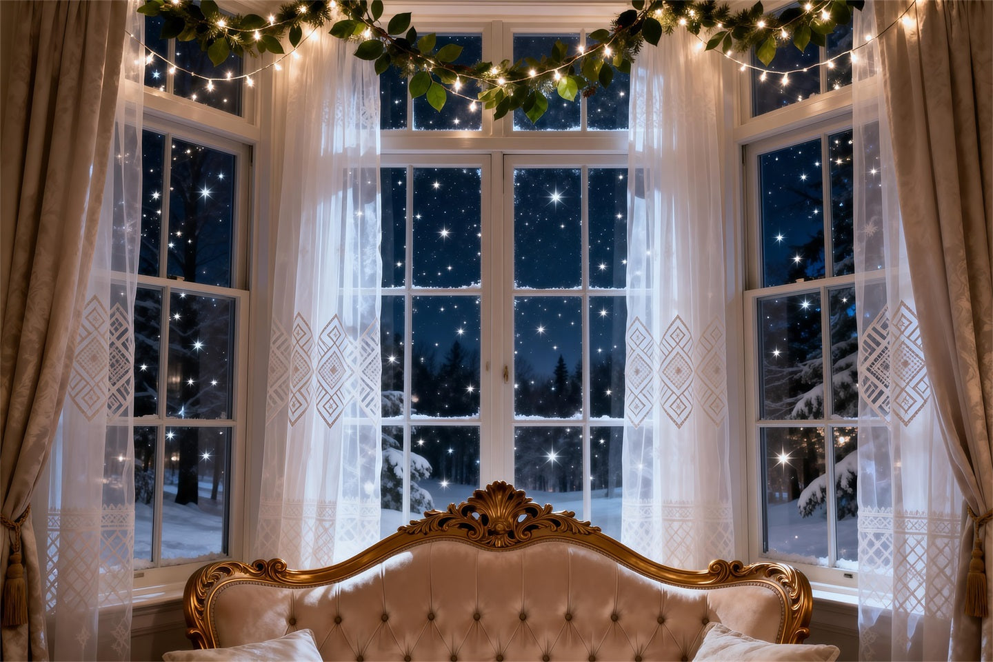 Boudoir-Kopfteil-Hintergrund Sternenklare Winterfenster-Glühen Boudoir-Hintergrund-Ideen RR62-61