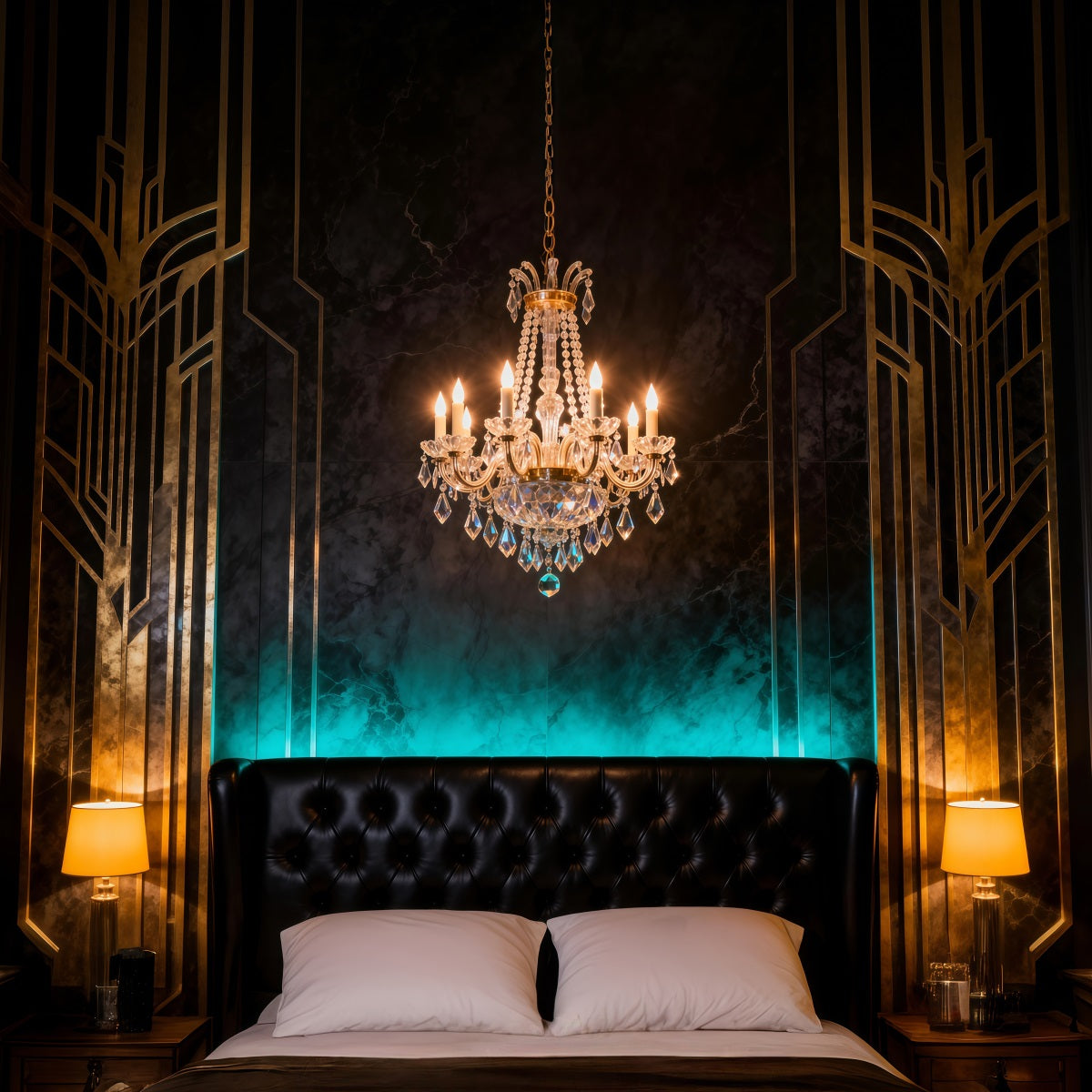 Boudoir Kopfteil-Hintergrund Kunst Smaragd-Kronleuchter Schlafzimmer Klassischer Foto-Hintergrund RR62-74