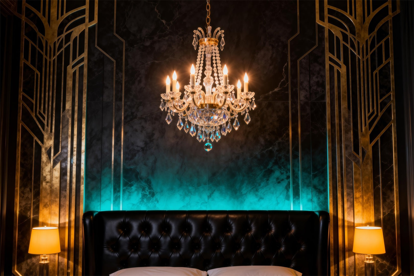 Boudoir Kopfteil-Hintergrund Kunst Smaragd-Kronleuchter Schlafzimmer Klassischer Foto-Hintergrund RR62-74