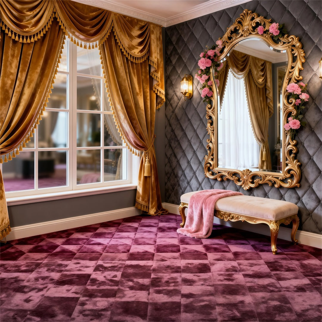 Ideen für Boudoir-Hintergründe Goldenes Fenster Schminktisch Rosenspiegel Klassischer Fotohintergrund RR62-78