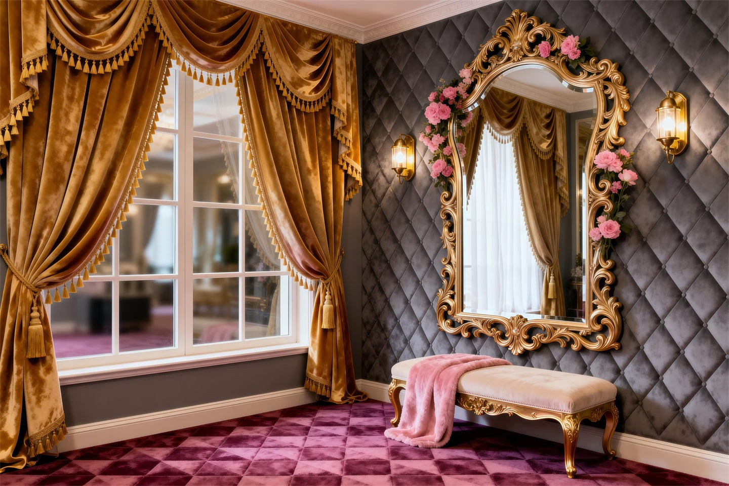 Ideen für Boudoir-Hintergründe Goldenes Fenster Schminktisch Rosenspiegel Klassischer Fotohintergrund RR62-78