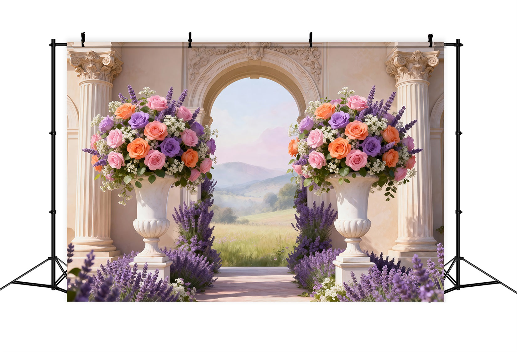 Verzauberter Garten-Hintergrund Pastellfarbener Blumenhof Talblick Frühlingshintergrund RR62-8